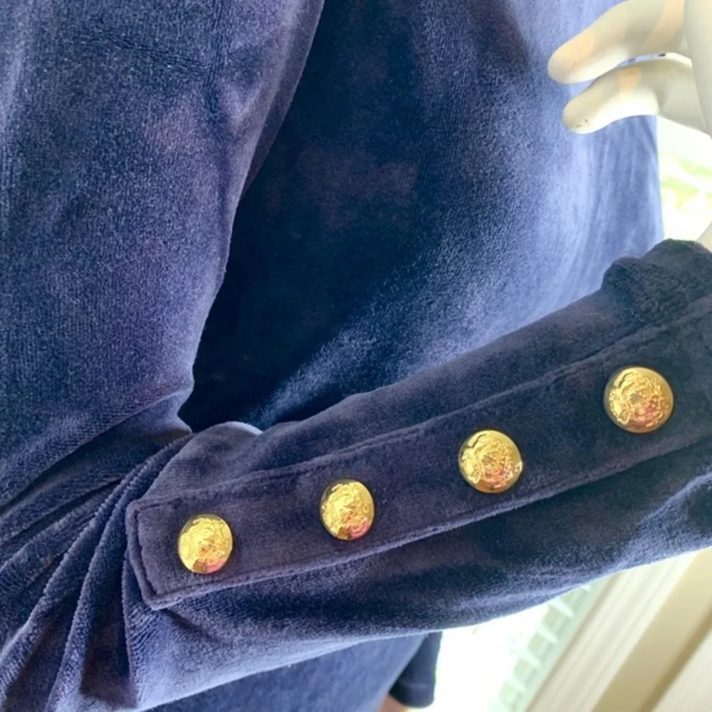 Juicy Couture Gold Button Blue Stretch Velvet Dress